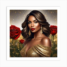 Woman In Gold With Roses Art Print