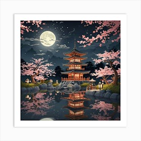 Japenese Pagoda Landscape With Moon Art Print (2) Art Print