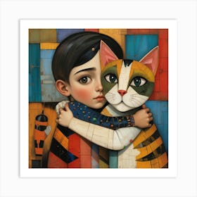 a child with geometric features hugging a stylized cat Art Print