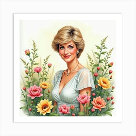 Graceful Watercolor Depiction Of Princess Diana In A Flower Garden 1 Art Print