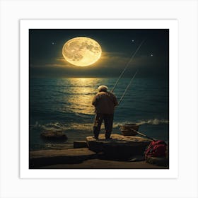 Old Man Fishing At Night Art Print