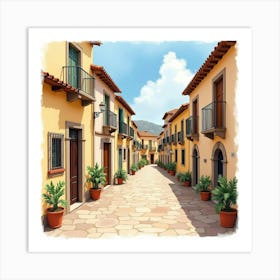 Spanish Village With Watercolor Details Of Rustic Buildings And Narrow Streets Art Print