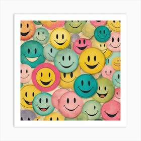 Smiley Faces, Whimsical Collage Featuring Hand Drawn Smiley Faces Spectrum Of Expressions Various Styles 2 Art Print