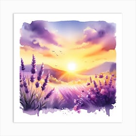 Romantic and Serene - Watercolor Painting of a Lavender Field and a Sunset Sky Art Print