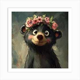 Black Bear With Flower Crown Affiche