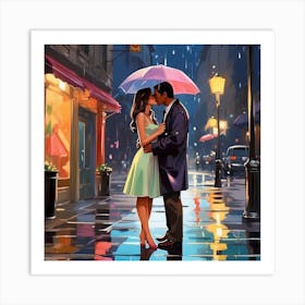 Couple Kissing In The Rain Art Print