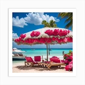 Rose On Umbrella Near Beach Art Print