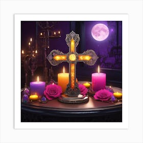 Cross With Candles And Roses Art Print