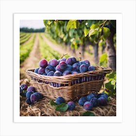 Plums In Basket In Vineyard Art Print