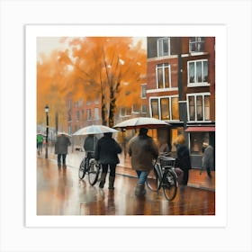 2Amsterdam cafes, autumn season, rain, autumn oil colours.Faded colours,People passing on the street, winter clothes, rain umbrellas. Affiche