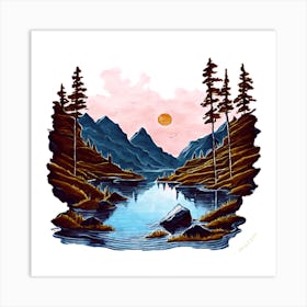 Beautiful Sunset Over A Serene Lake And Mountains Art Print