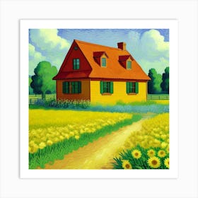 A Farmhouse at Dusk Tranquil and Timeless Yellow House In The Field Art Print