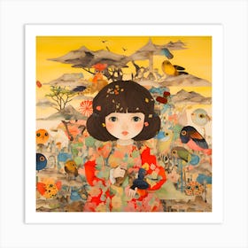 Asian Girl With Birds Art Print