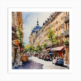 Watercolor painting of a Paris town street with buildings and spring trees Art Print