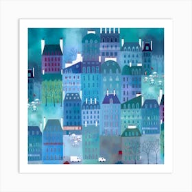 Paris Cityscape Blue Art Print