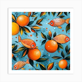 Seamless Pattern With Oranges And Fish Art Print