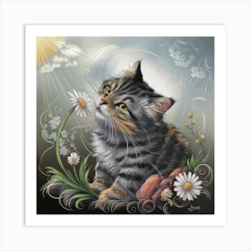 Spring Whimsy A Playful Tabby Cat And A Vibrant Daisy (1) Art Print