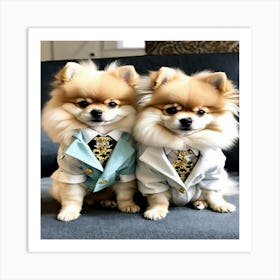 Two Pomeranian Dogs In Suits Art Print