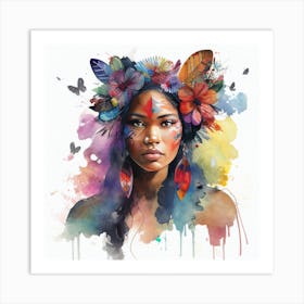 Watercolor Floral Indian Native Woman #1 Art Print