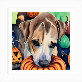 Dog And Pumpkins Art Print