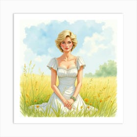 Beautiful Watercolor Rendering Of Princess Diana In A Meadow 1 Art Print