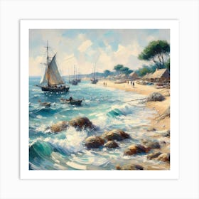 Sailing Ships On The Beach, Acrylic Painting Style Art Print