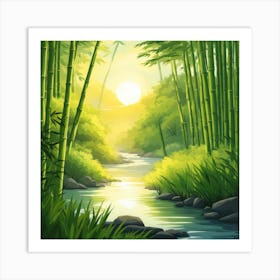 A Stream In A Bamboo Forest At Sun Rise Square Composition 8 Art Print