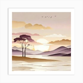 Sunset On The Lake gold lilac Art Print