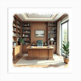 Sophisticated Law Office In Watercolor, With Wooden Bookshelves And Modern Decor Art Print