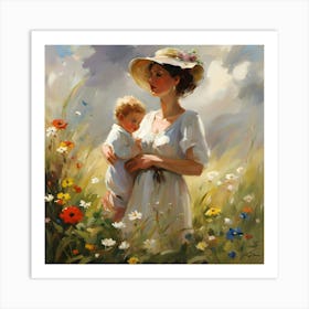 Loving Mother And Child In The Meadow Art Print
