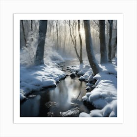 Snow Covered Banks of the Woodland Stream in Winter 2 Art Print