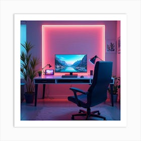 Vr Gaming Setup In A Sleek Room, Watercolor Of Dynamic Neon Tones Art Print