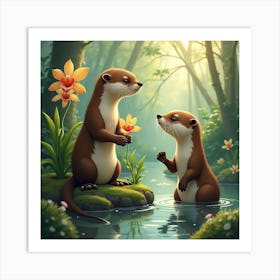 Otters Playing Near Orchids 1 Art Print