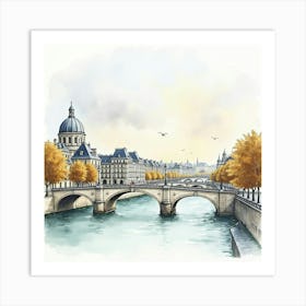 French Cityscape In Watercolor With Bridges Over The Seine And Grand Buildings 1 Art Print