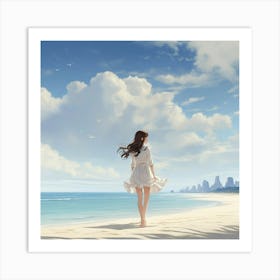 Girl Walking On The Beach Art Print