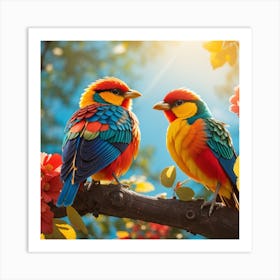 Colorful Birds Perched On A Branch Art Print