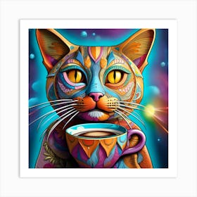 Cat With A Cup Of Coffee Whimsical Psychedelic Bohemian Enlightenment Print 10 Art Print