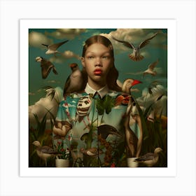 Girl With Birds Art Print