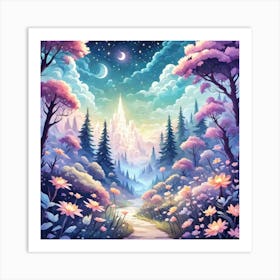 A Fantasy Forest With Twinkling Stars In Pastel Tone Square Composition 10 Art Print