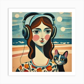 Girl With Headphones And A Cat 2 Art Print