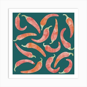 Spicy Chili Peppers on Dark Teal Green Art Print