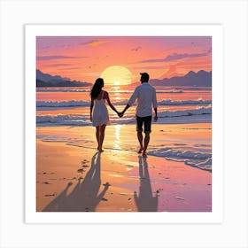 Ocean Sunset Beach With Couple Art Print (5) Art Print