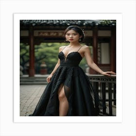 Asian Woman In Black Dress Art Print