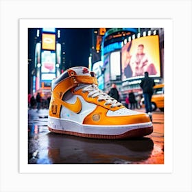 A Hyper Realistic Photo Of An Extremely Large White And Orange Nike Air Force One High Top Sneaker Art Print