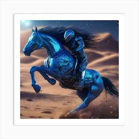 Man Riding A Blue Horse In The Desert Cyberpunk Robot Art Print