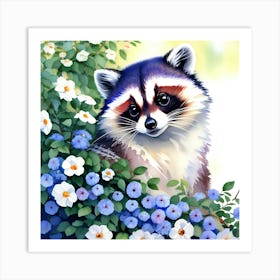 Raccoon And Garden Flowers Art Print