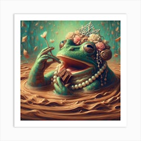 A Soft and Surreal Painting of a Frog with Pearl Earrings and a Flower Crown, Sitting on a Leaf in a Chocolate Lake Art Print