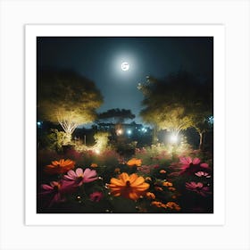 A Picture Of A Garden With Flowers Blooming At Night Under The Moon With The Camera Pointed Low Towards The Ground 2 Art Print