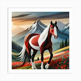 Caballo En El Cerro Atras Se Ve Montaña, Dibujo Art Print