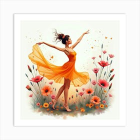 Graceful Dancer With Watercolor Vibrant Flower Garden 1 Art Print